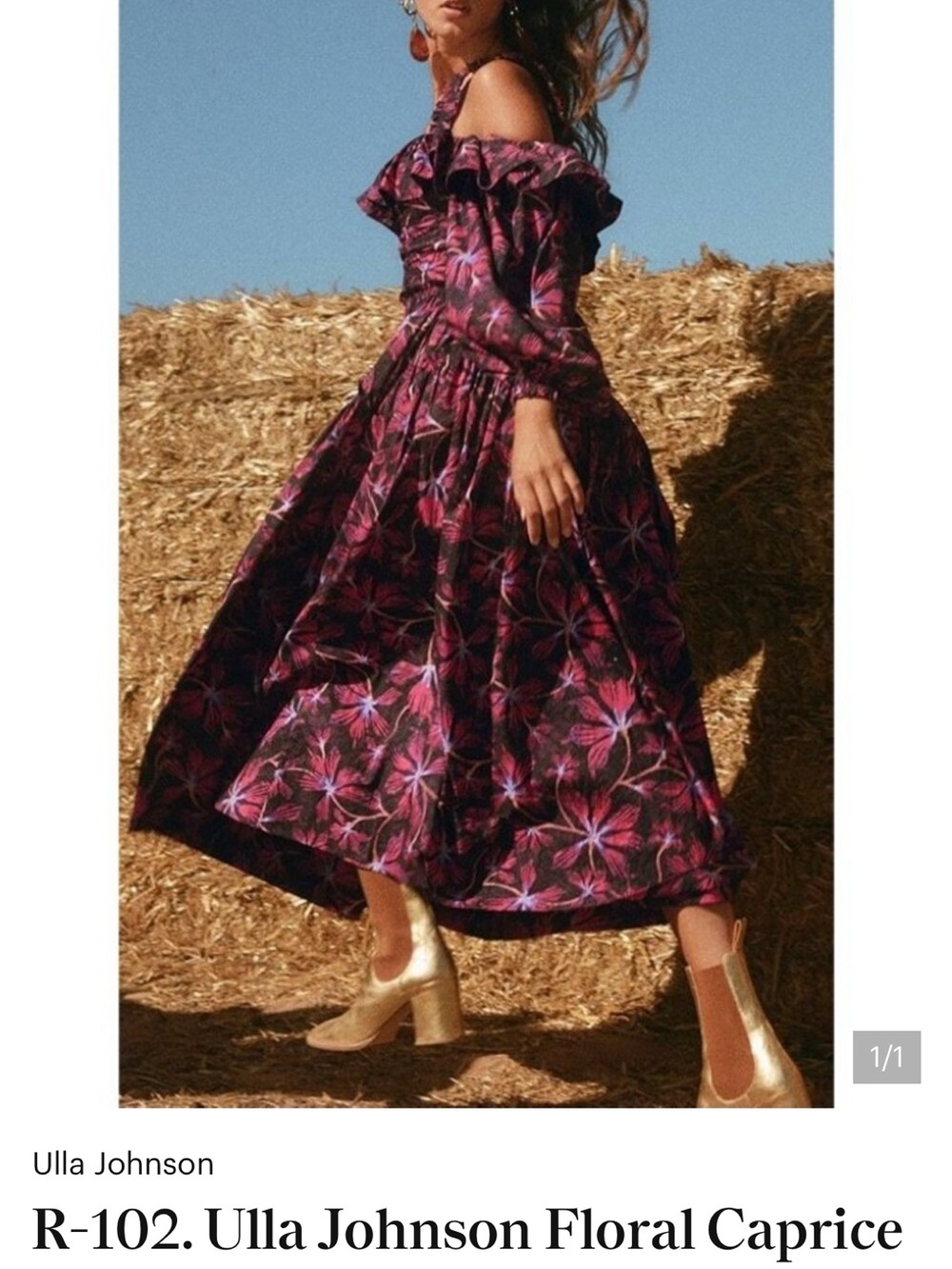 Ulla Johnson Magenta & Black Floral Off-Shoulder Midi Dress